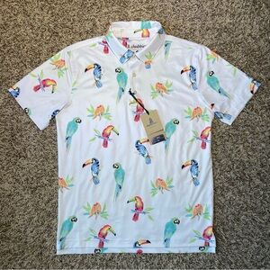 NEW CHUBBIES Performance Polo Mens Small White Tropical Parrot Stretch Shirt